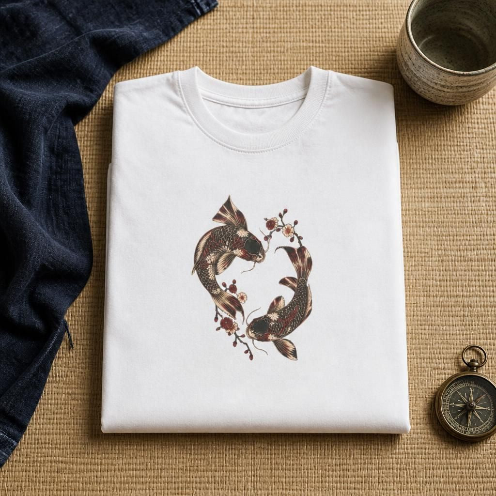 Koi Fish and Cherry Blossoms - Japanese Ink Art T-Shirt